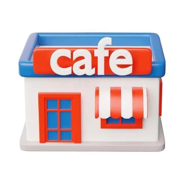 3d cafe. Bright red and blue building with sign and awning. Front view. Ilustración de archivo