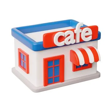 3D cafe buildings with a modern facade, signboard, awning, in red and blue Ilustración de archivo