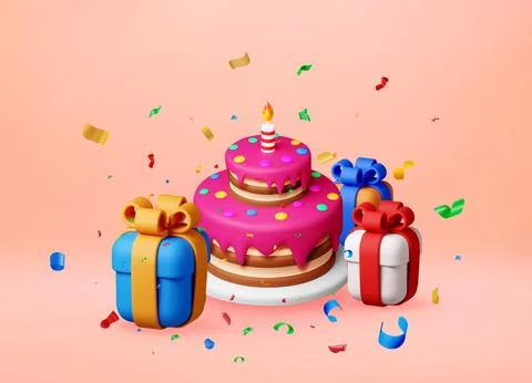 3d cake with candle and gift boxes with confetti Stock Illustration