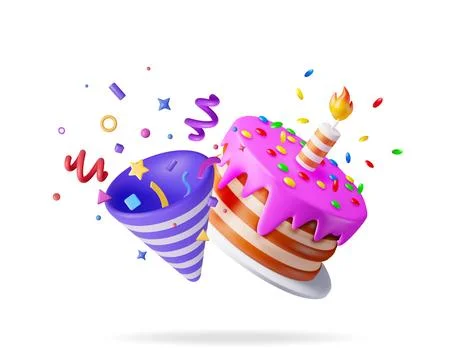 3D cake with candle and popper with confetti. Stock Illustration