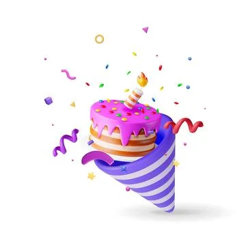 3D cake with candle and popper with confetti. Stock Illustration