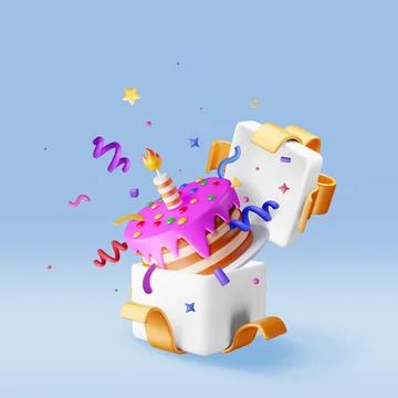 3D cake with candle with confetti in gift box Stock Illustration