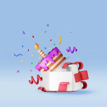 3D cake with candle with confetti in gift box Stock Illustration