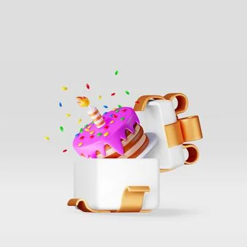 3D cake with candle with confetti in gift box Stock Illustration