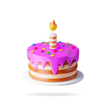 3D Cake with One Burning Candle Stock Illustration