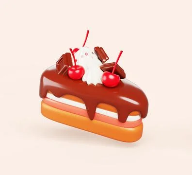3d cake piece with biscuit layers, chocolate bar and melt glaze drips, cream and Illustrazione stock