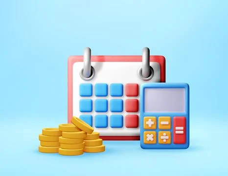 3D calendar with calculator and stack of coin Stock Illustration