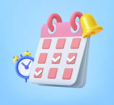 3d Calendar with clock and bell Stock Illustration