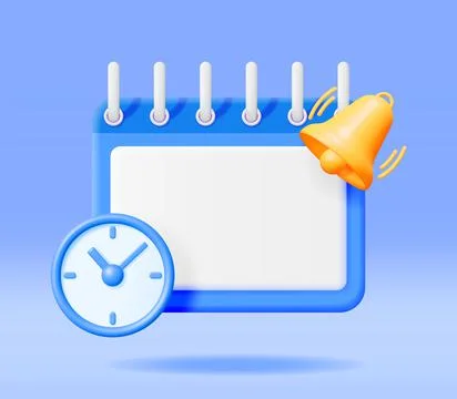 3D Calendar with Clock and Bell Alert Isolated Illustrazione stock