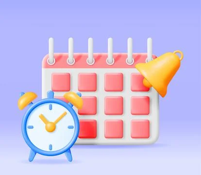 3D Calendar with Clock and Bell Alert Isolated Illustrazione stock