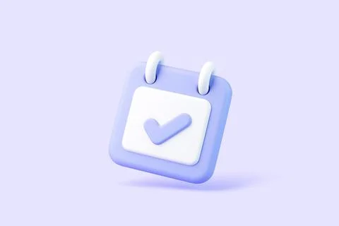 3D calendar icon with check mark in pastel violet tones on light background Stock Illustration