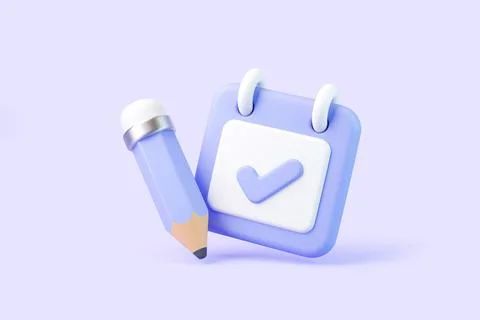 3D calendar icon with check mark and pencil in pastel violet tones Stock Illustration