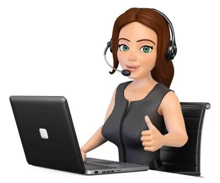 3D Call center operator working with a laptop and thumb up Stock Illustration