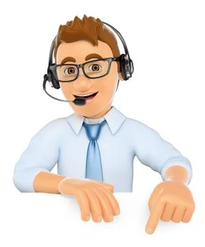 3D Call center worker pointing down. Blank space Stock Illustration