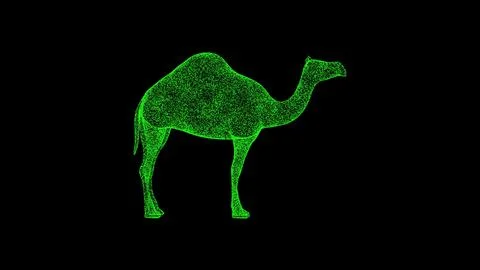 3D camel on black bg. Object dissolved green flickering particles. Business.. Stock Illustration