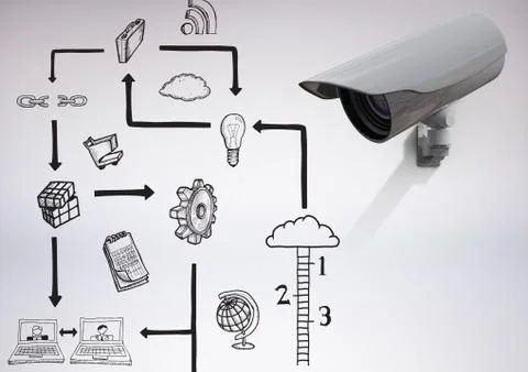 3D Camera against grey background with technology graphic drawings icons Illustrazione stock