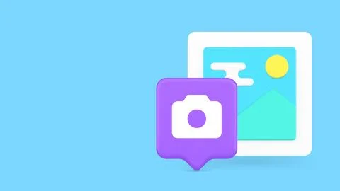 3d camera icon with a picture for digital gallery concepts. Minimalist cartoo Illustrazione stock