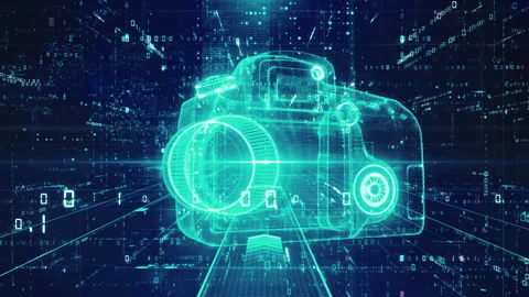 3d camera wireframe with a digital code and grid in the background Stock Footage 249381933
