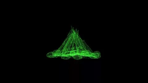 3D camping fire rotates on black background. Object consisting of green fli.. Ilustração Stock