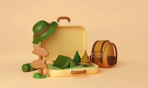 3d Campsite in nature and elements for camping, summer camp, traveling evening Stock Illustration