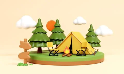 3d Campsite in nature and elements for camping, summer camp, traveling evening Stock Illustration
