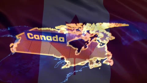 3D Canada Map and Sign Over Waving Canadian Flag Stock Footage 336478864