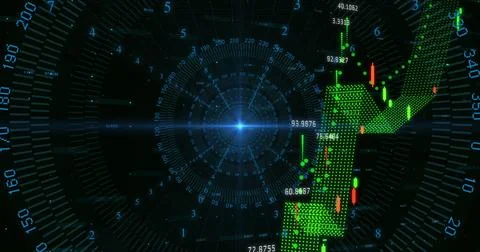 3D candlestick arrow pointing upward in interface with radial grid and numeric Stock Illustration