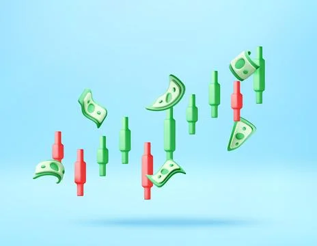 3D candlestick chart with floating paper currency Stock Illustration