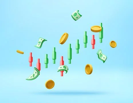 3D Candlestick chart with flying money and coins. Stock Illustration