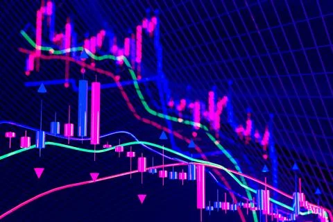 3d candlestick financial chart with indicators Stock Photos
