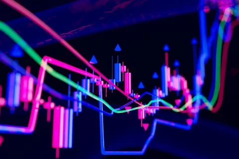 3d candlestick financial chart with indicators Stock Photos