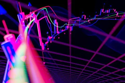3d candlestick financial chart with indicators Stock Photos