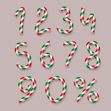 3d Candy cane numbers set with percent sign. Hard candy digits. Vector Stock Illustration