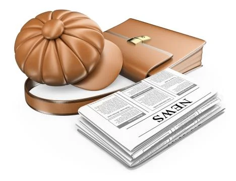 3d cap briefcase and newspaper. latest news concept Stock Illustration