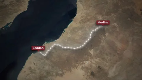 3D Car Driving Route Animation on Satellite Map from Jeddah to Medina Stock Footage 341881645