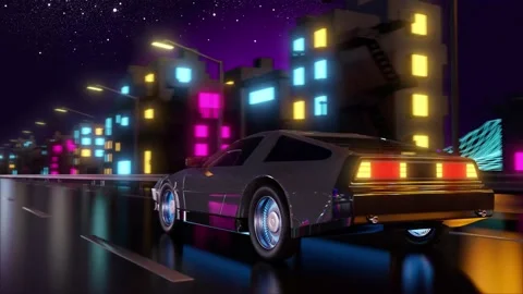 3D Car Riding Through Neon Futuristic City. 80s Retro Sci-fi Background. Stock Footage 191011538