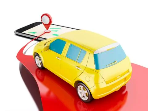 3d Car on road and map pointer. Illustrazione stock