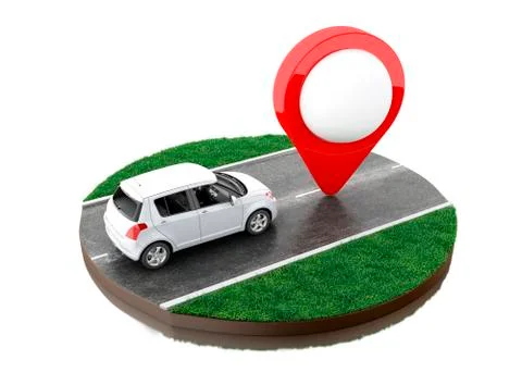 3d Car on the road with map pointer. Illustrazione stock