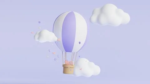 3d card with blue baloon cloud on colorful background. Hot air balloon flig.. Stock Illustration