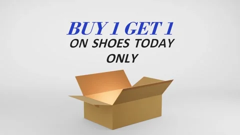 3D Cardboard Box Animation Revealing Buy 1 Get 1 on Shoes Today Only with Stock Footage 310034278