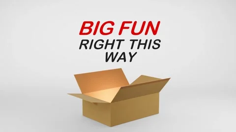 3D Cardboard Box Animation Revealing Big Fun Right This Way with Confetti Stock Footage 310034304