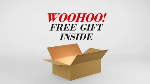 3D Cardboard Box Animation Revealing Woohhoo! Free Gift Inside with Confetti Stock Footage 310034377