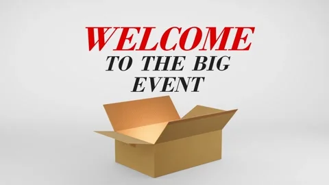 3D Cardboard Box Animation Revealing Welcome To The Big Event with Confetti Video stock 310034392