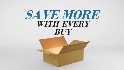 3D Cardboard Box Animation Revealing Save More With Every Buy with Confetti Stock Footage 310034520