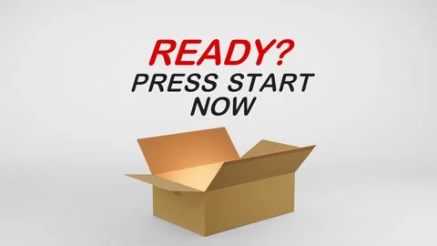 3D Cardboard Box Animation Revealing Ready Press Start Now with Confetti Stock Footage 310034530