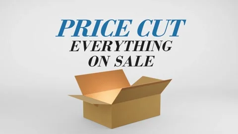 3D Cardboard Box Animation Revealing Price Cut Everything On Sale with Confetti Stock Footage 310034534
