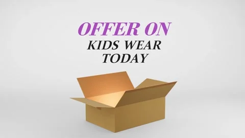 3D Cardboard Box Animation Revealing Offer on Kids Wear Today with Confetti Stock Footage 310034555