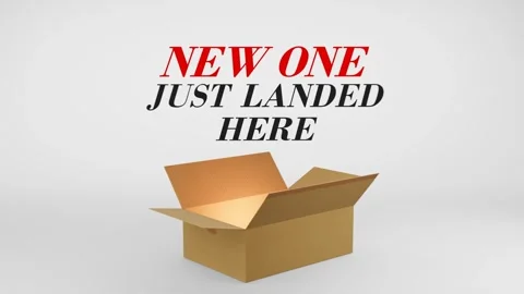 3D Cardboard Box Animation Revealing New One Just Landed Here with Confetti Stock Footage 310034564