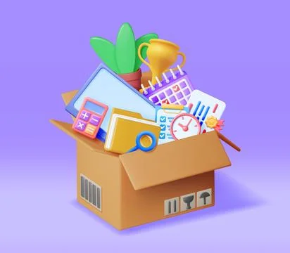 3D Cardboard Box Full of Office Stuff Stock Illustration
