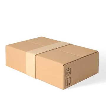 3D cardboard box vector icon, realistic brown carton parcel closed with tape and Illustrazione stock